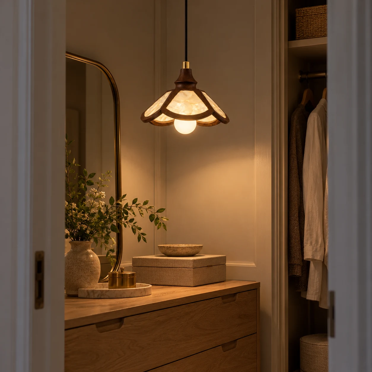Vintage petaled shell pendant in a dressing niche