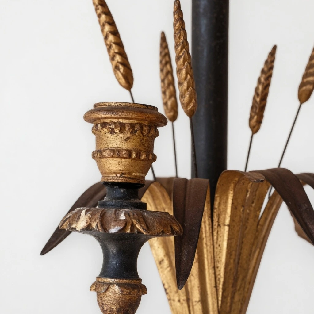 Close detail of antique-gold wheat ears and candle sockets