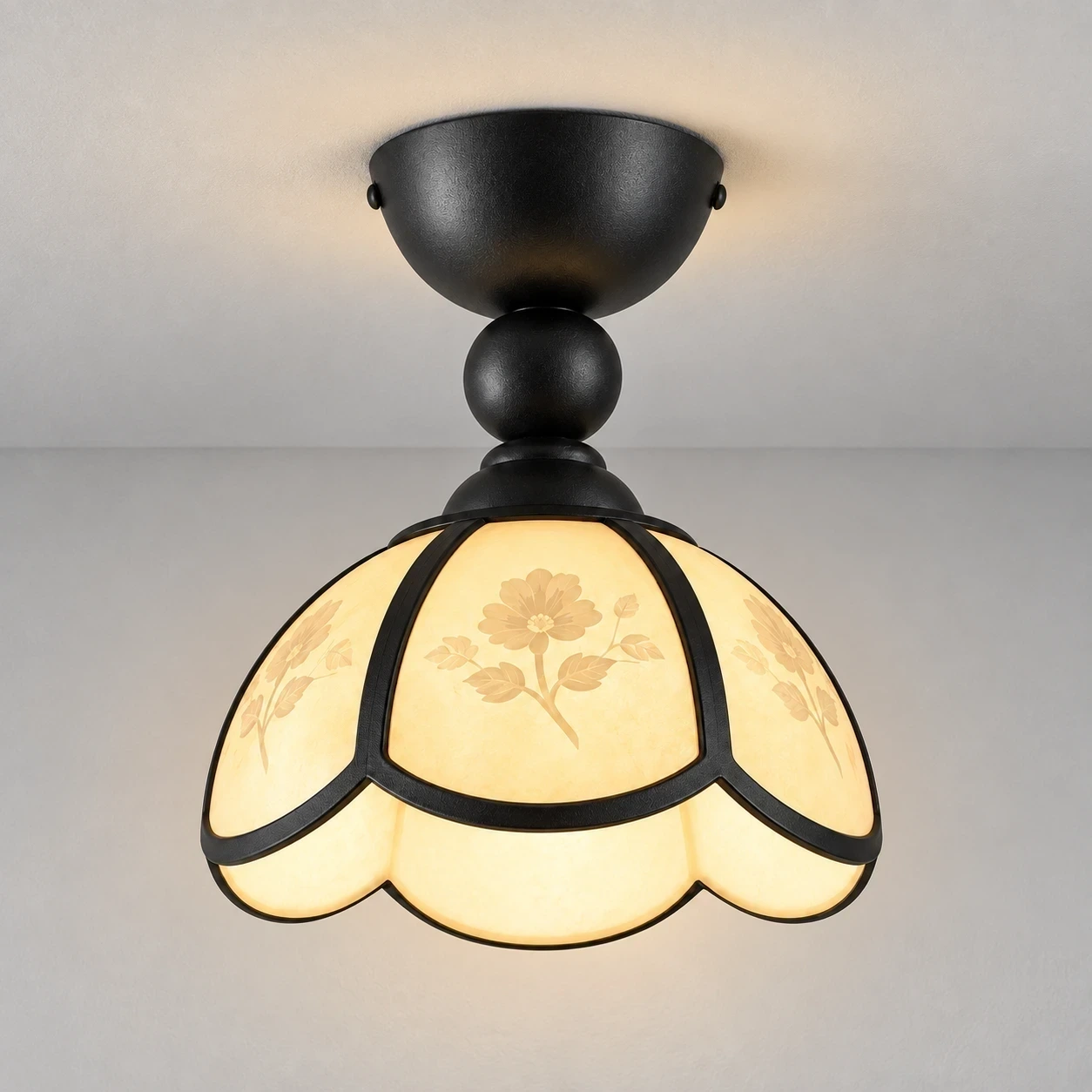 Vintage petal acrylic flush mount ceiling light switched on in a neutral studio