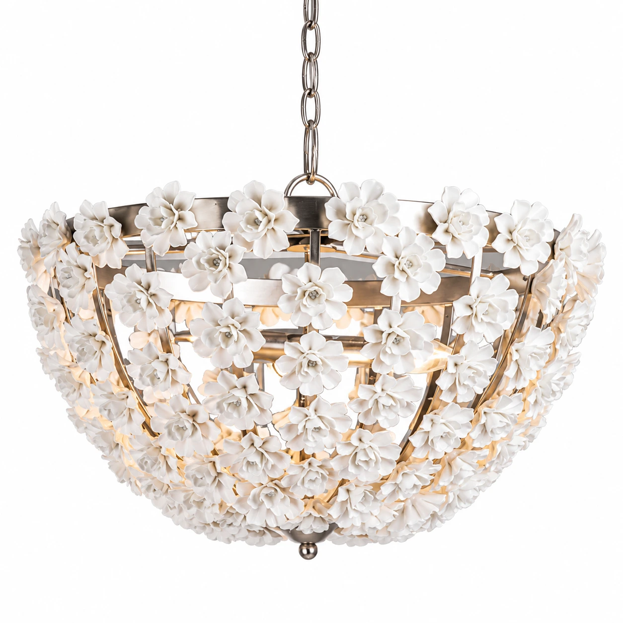 Silver floral bowl chandelier, diameter 50 cm, on white
