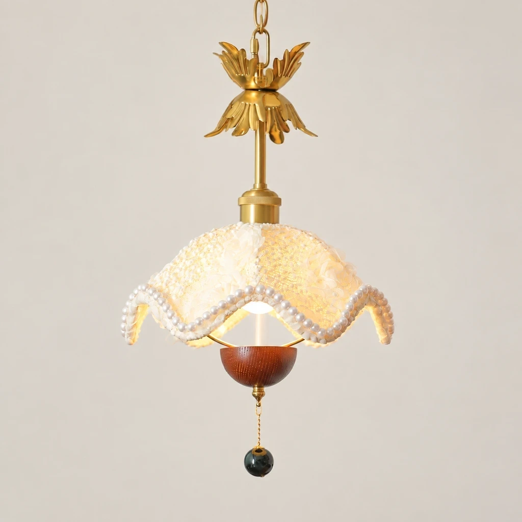 Sophie Floral Fabric Iron Pendant Light switched on in a neutral studio
