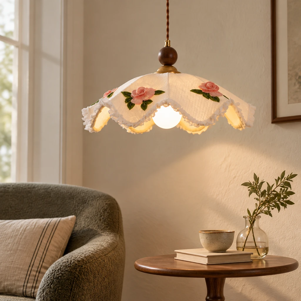 Nora fabric pendant light above a muted lounge corner