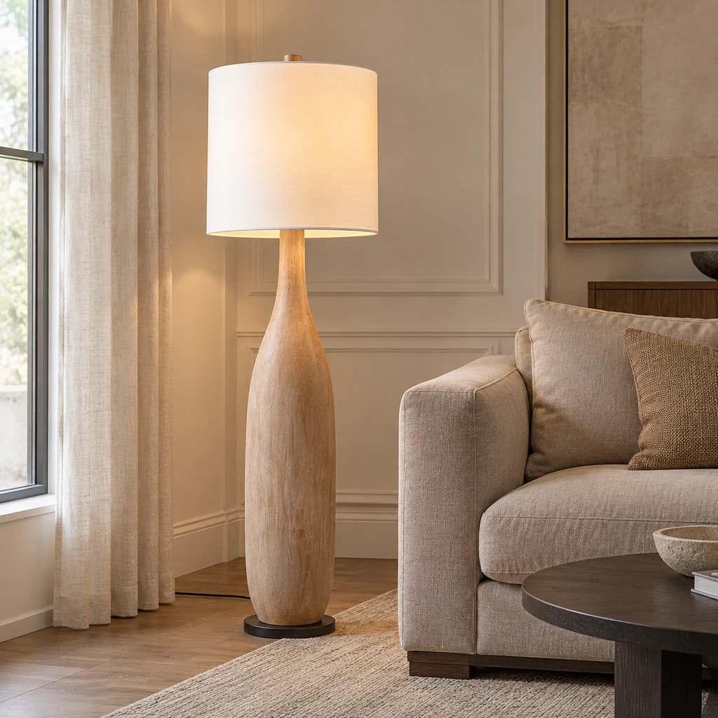 Amelia American Rustic Turned Wood and Fabric Floor Lamp, Natural Wood - 45 cm wide x 160 cm high, medium-near living setting