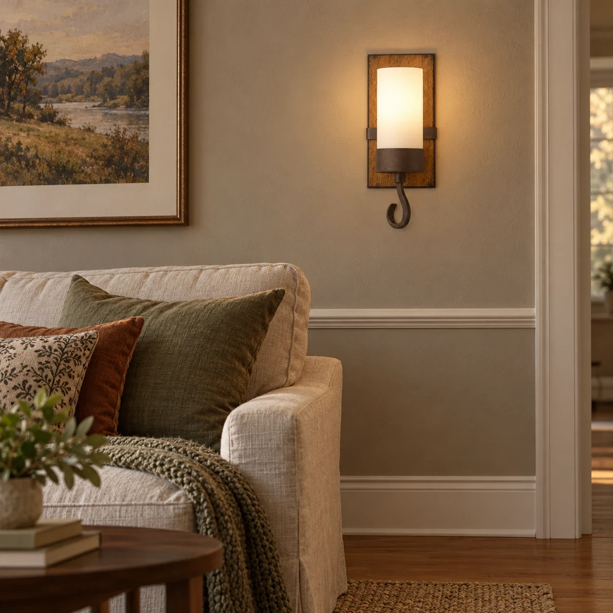 Wren rustic candle-style wall sconce in a taupe living room