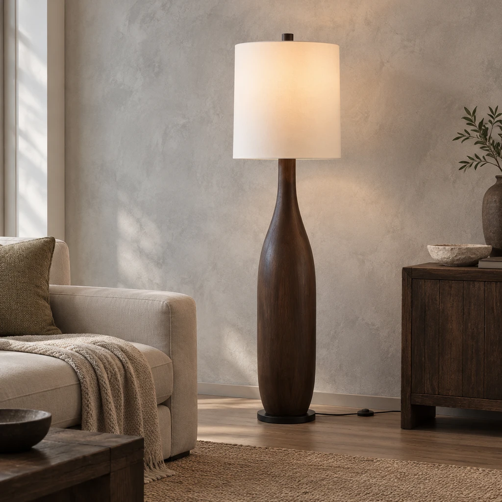 Amelia American Rustic Turned Wood and Fabric Floor Lamp, Dark Coffee - 45 cm wide x 160 cm high, medium-near studio setting