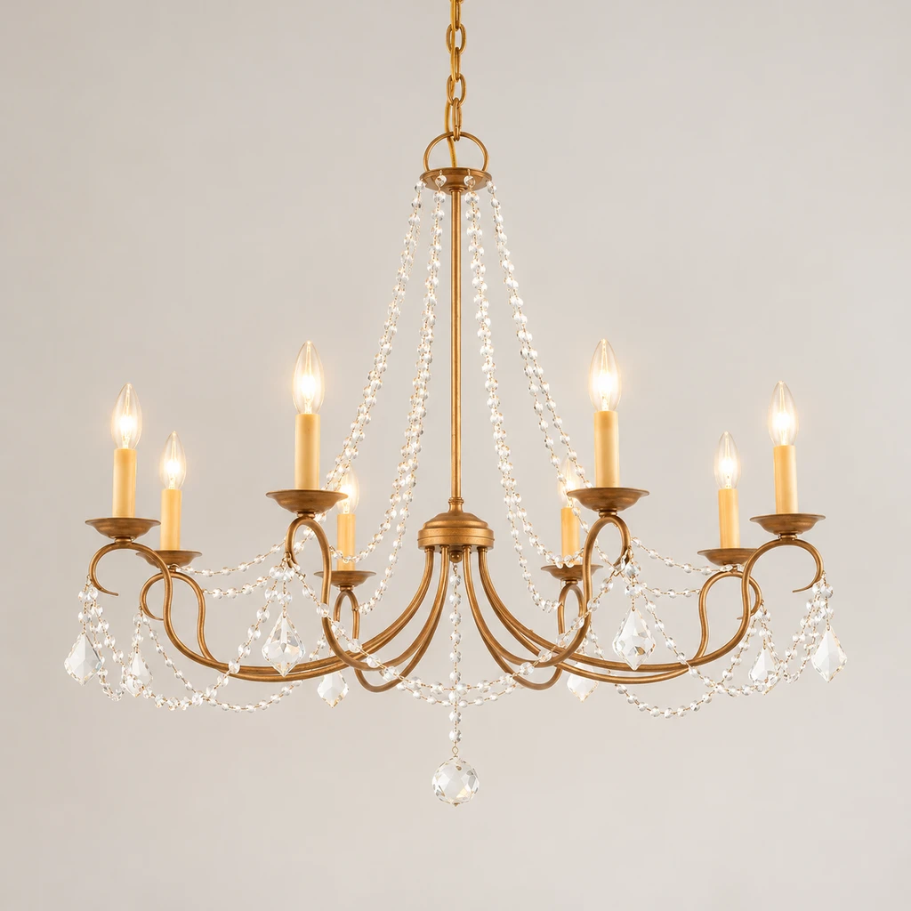 Mila American Vintage Crystal and Iron Chandelier, Antique Gold Crystal, switched-on product in a neutral studio