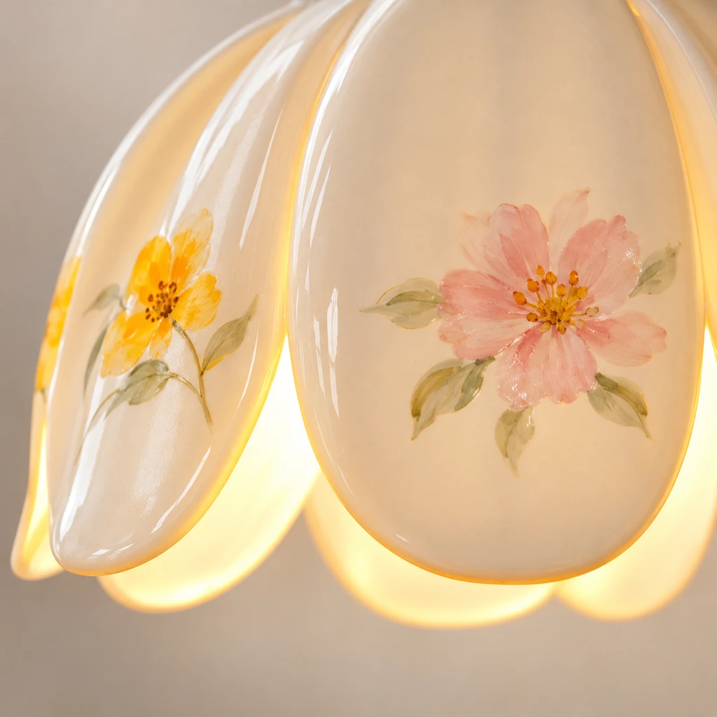 Close detail of the painted floral petal motif