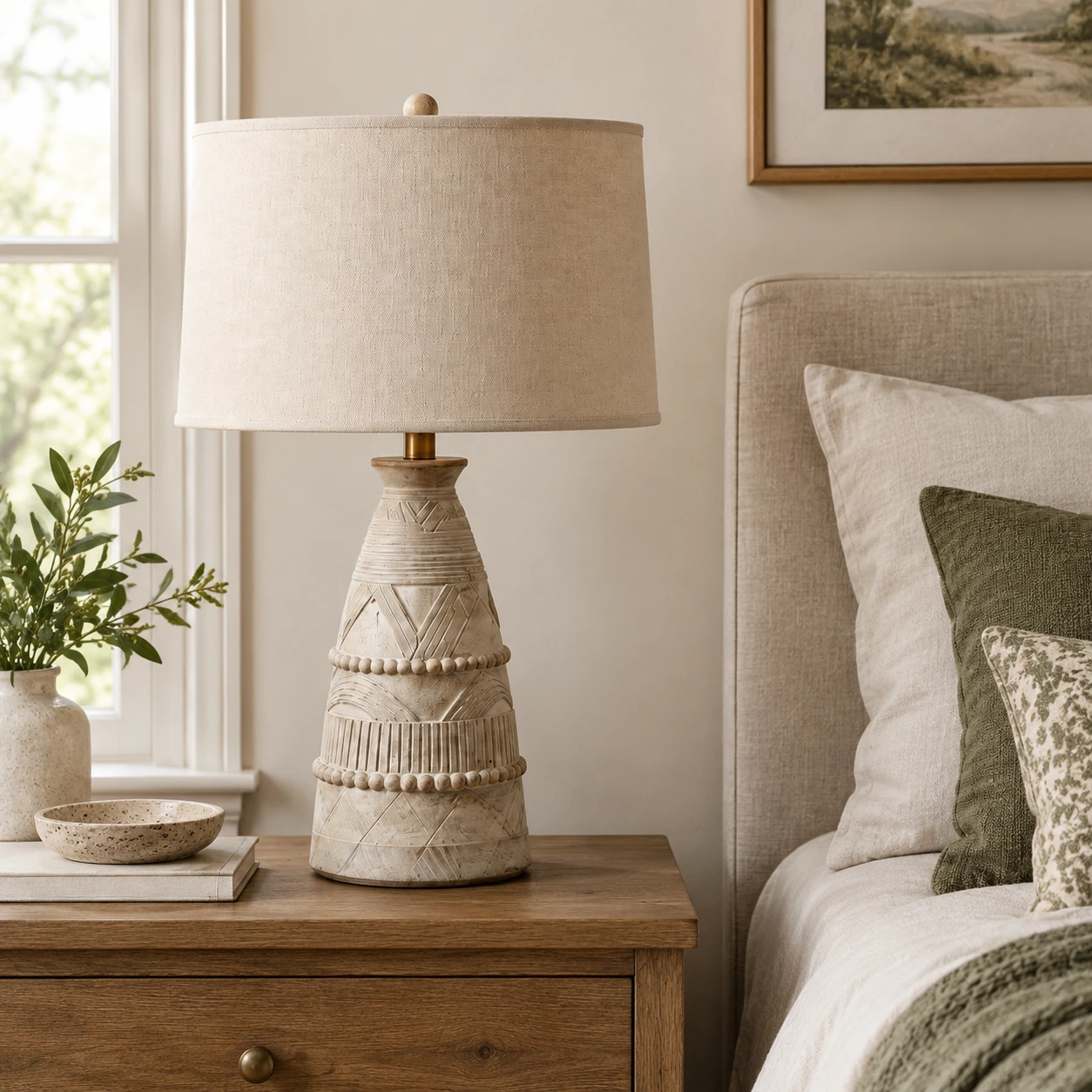 Camille Rustic Carved Wood Table Lamp in a residential interior