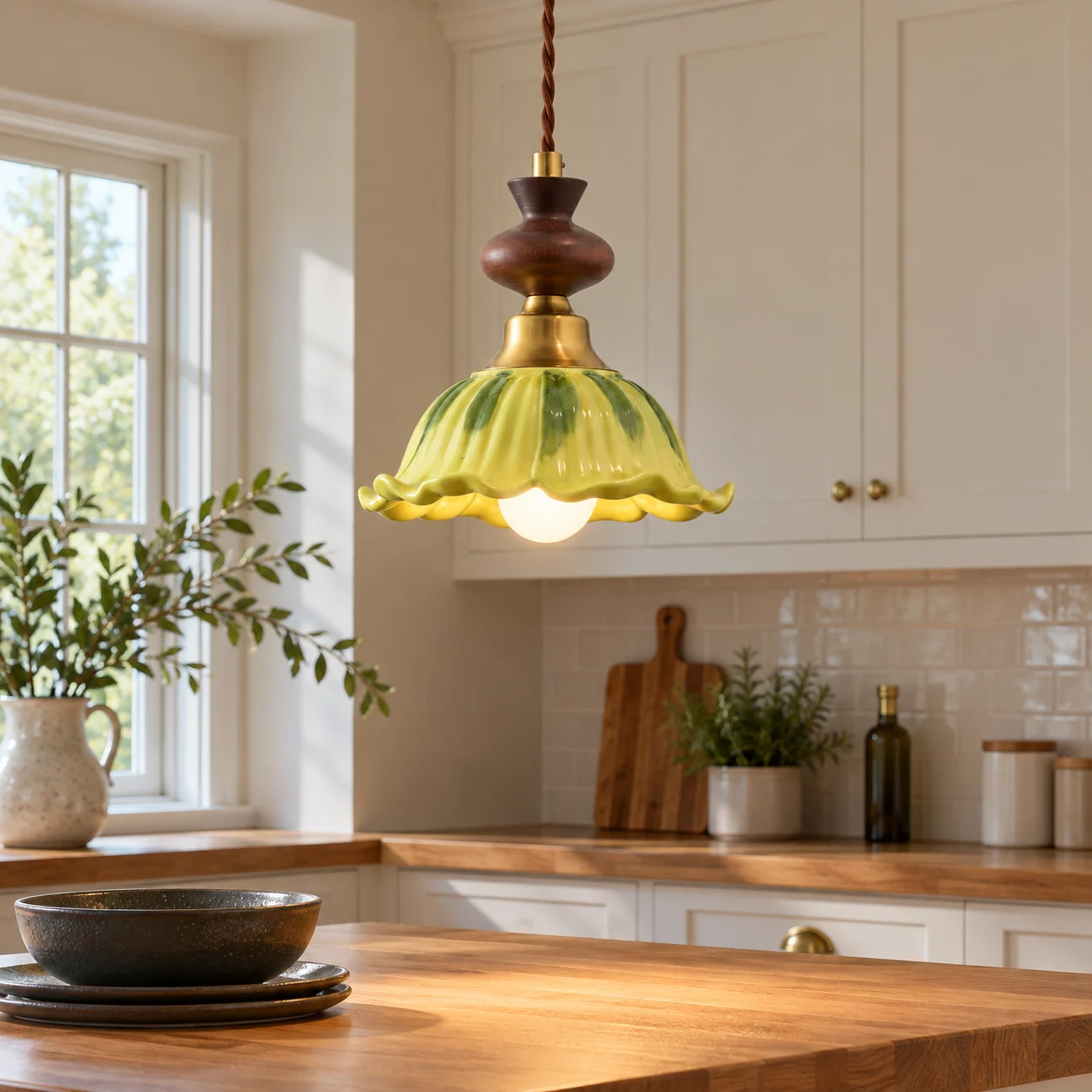 Vintage green ceramic wood pendant in kitchen