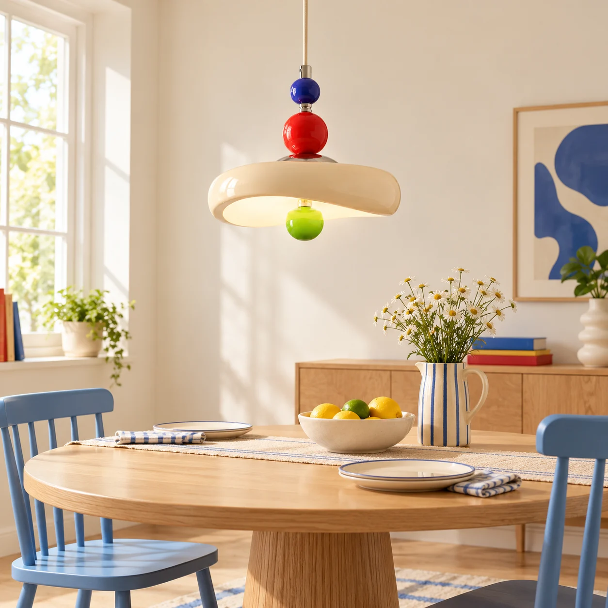 Theo Memphis pendant above a dining table