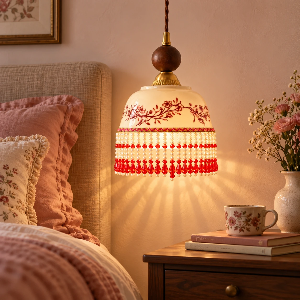 Ceramic pendant light beside a bed