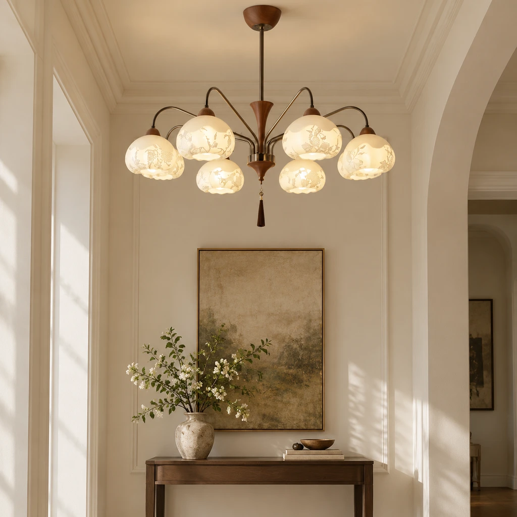 Elowen chandelier above an entry console