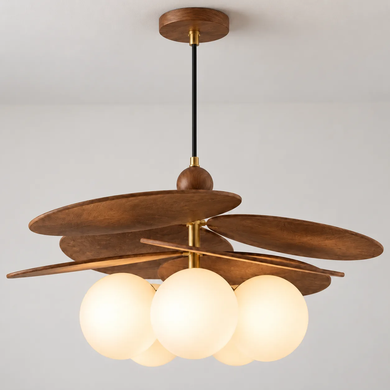 Close view of the walnut canopy, cord, and mounting hardware
