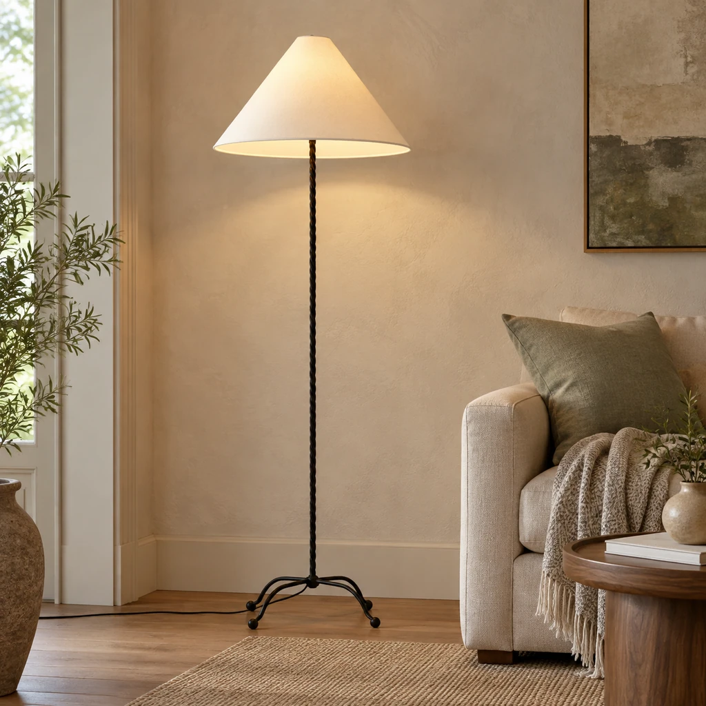 Sage black floor lamp beside a collected living room