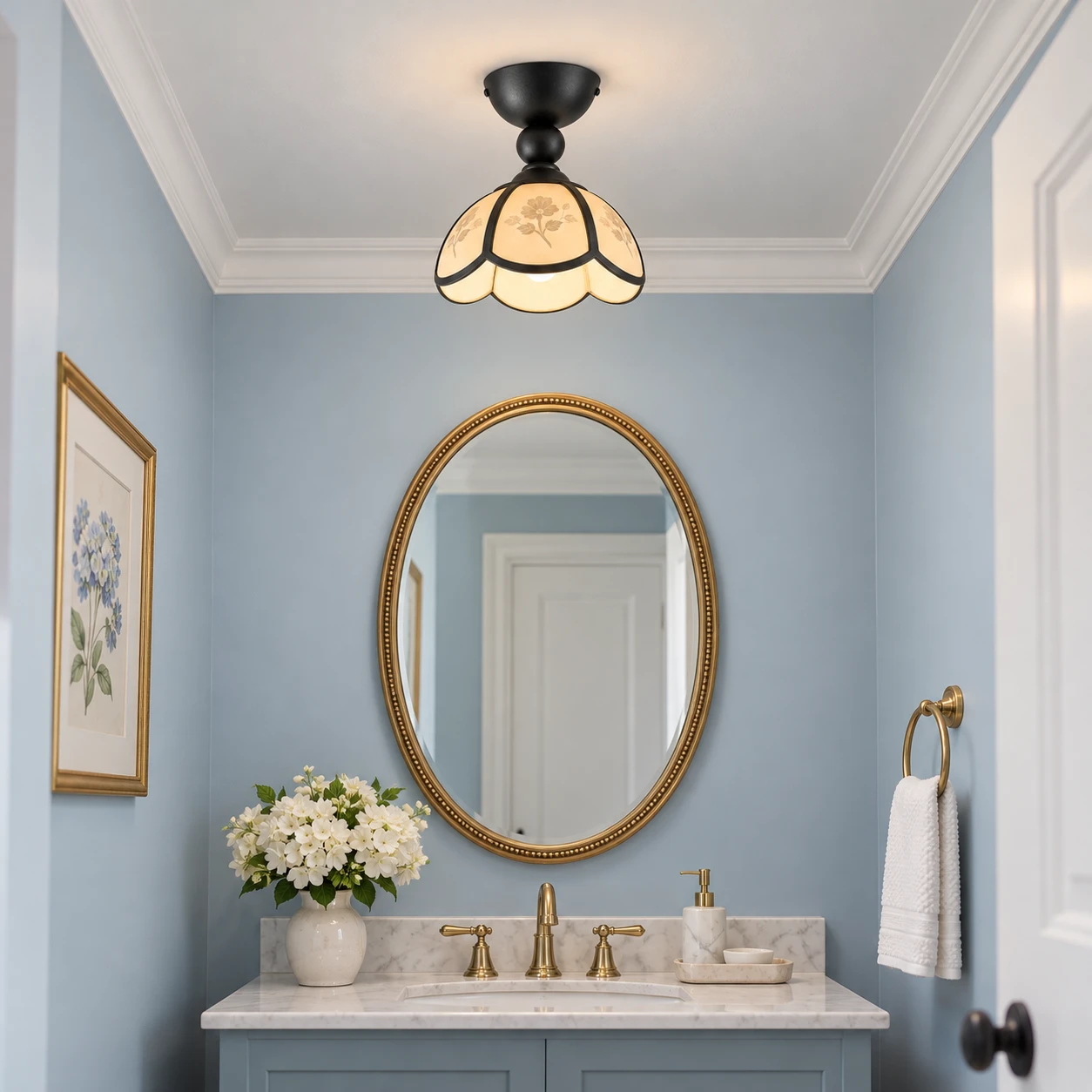 Vintage petal acrylic flush mount ceiling light in a powder room