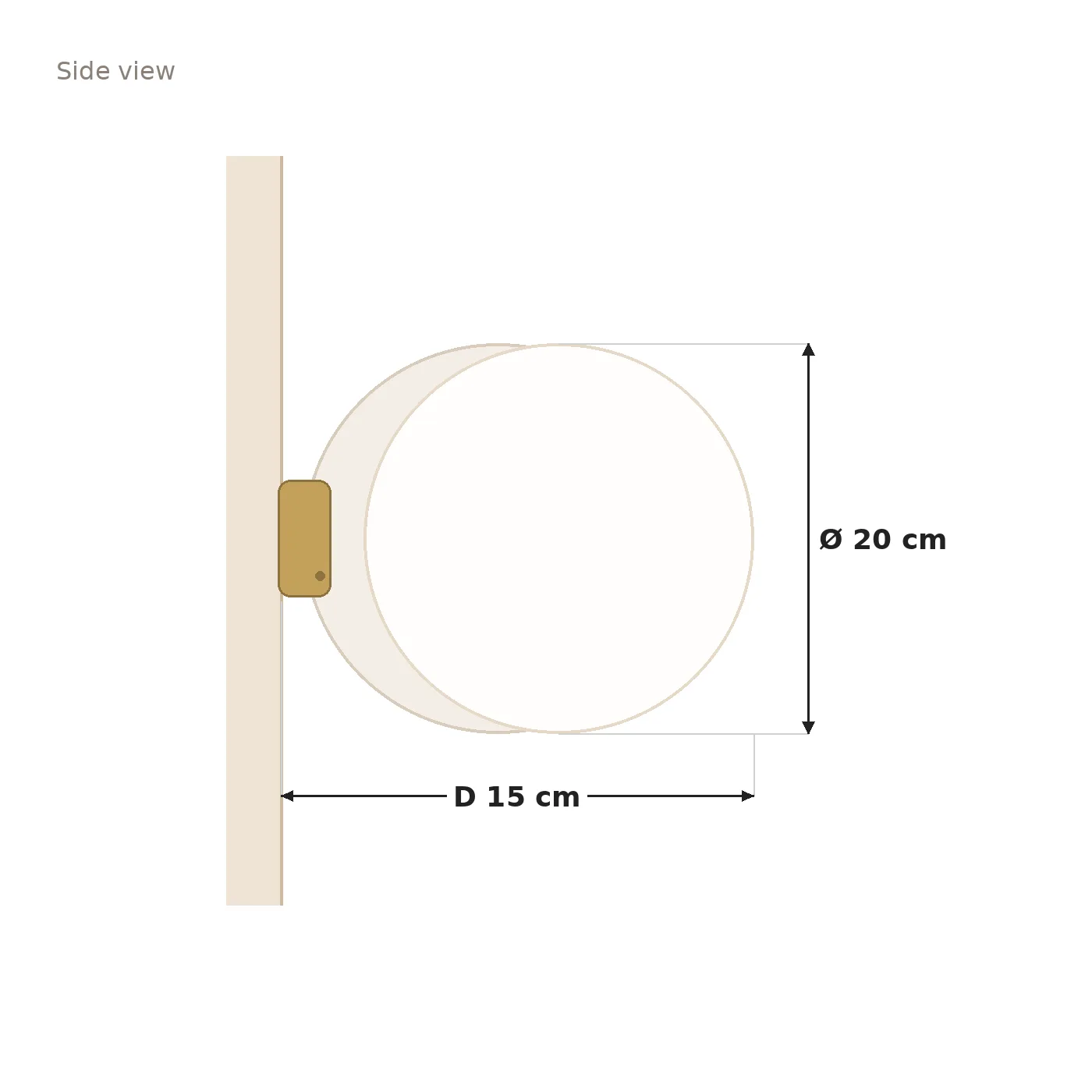 Side view dimensions, diameter 20 cm and depth 15 cm