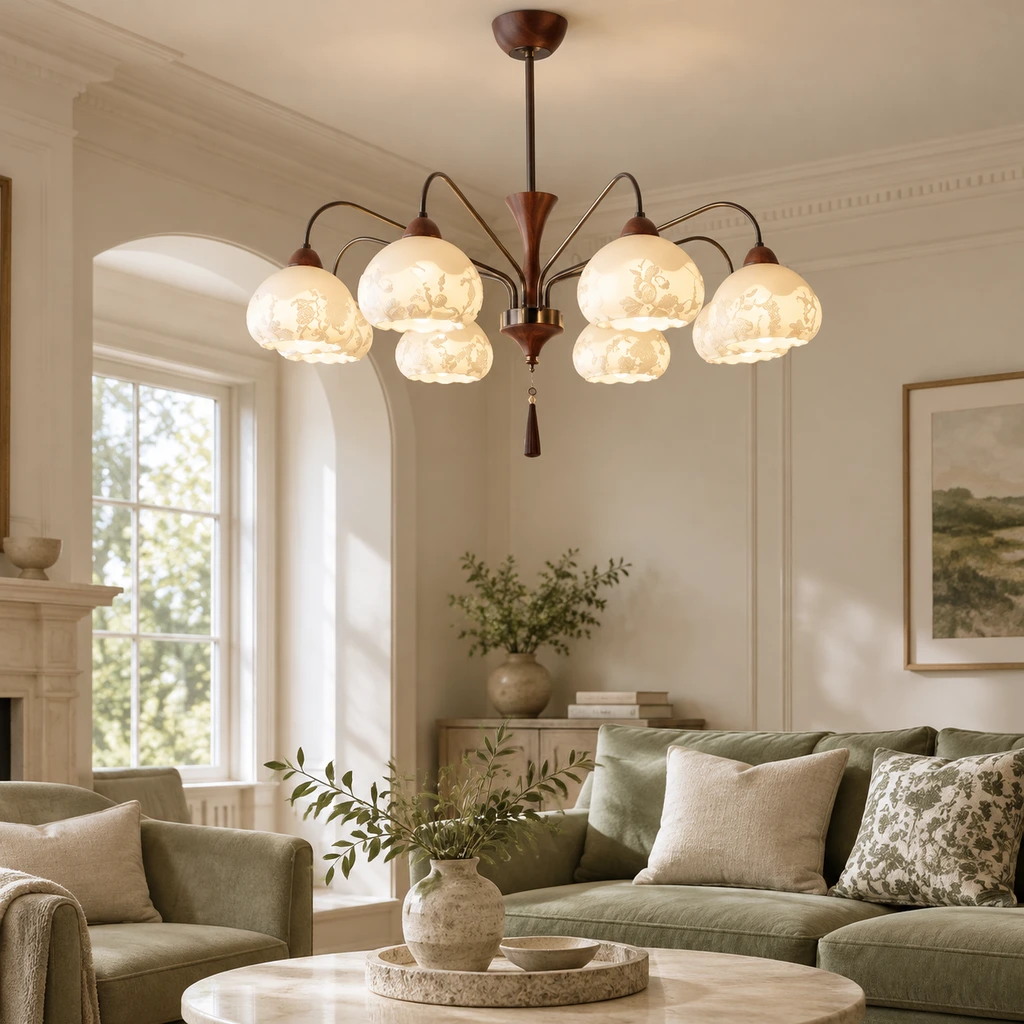 Elowen floral chandelier in a restrained living room