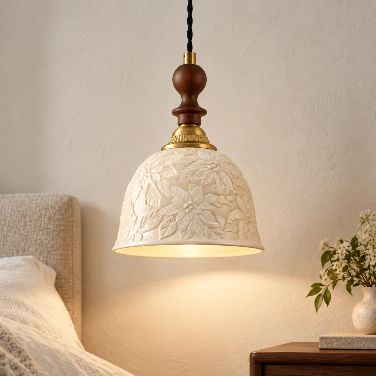 Wushlp Vintage Embossed Ceramic and Solid-Wood Pendant Light suspended in a bright interior