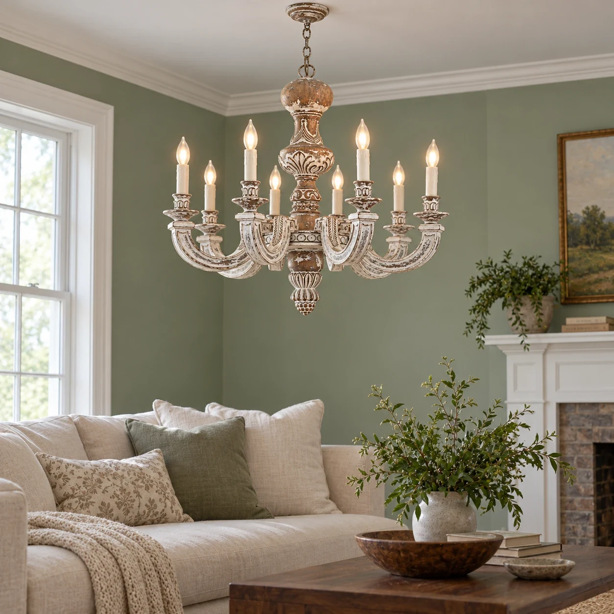 Elowen eight-light wood chandelier in a sage living room