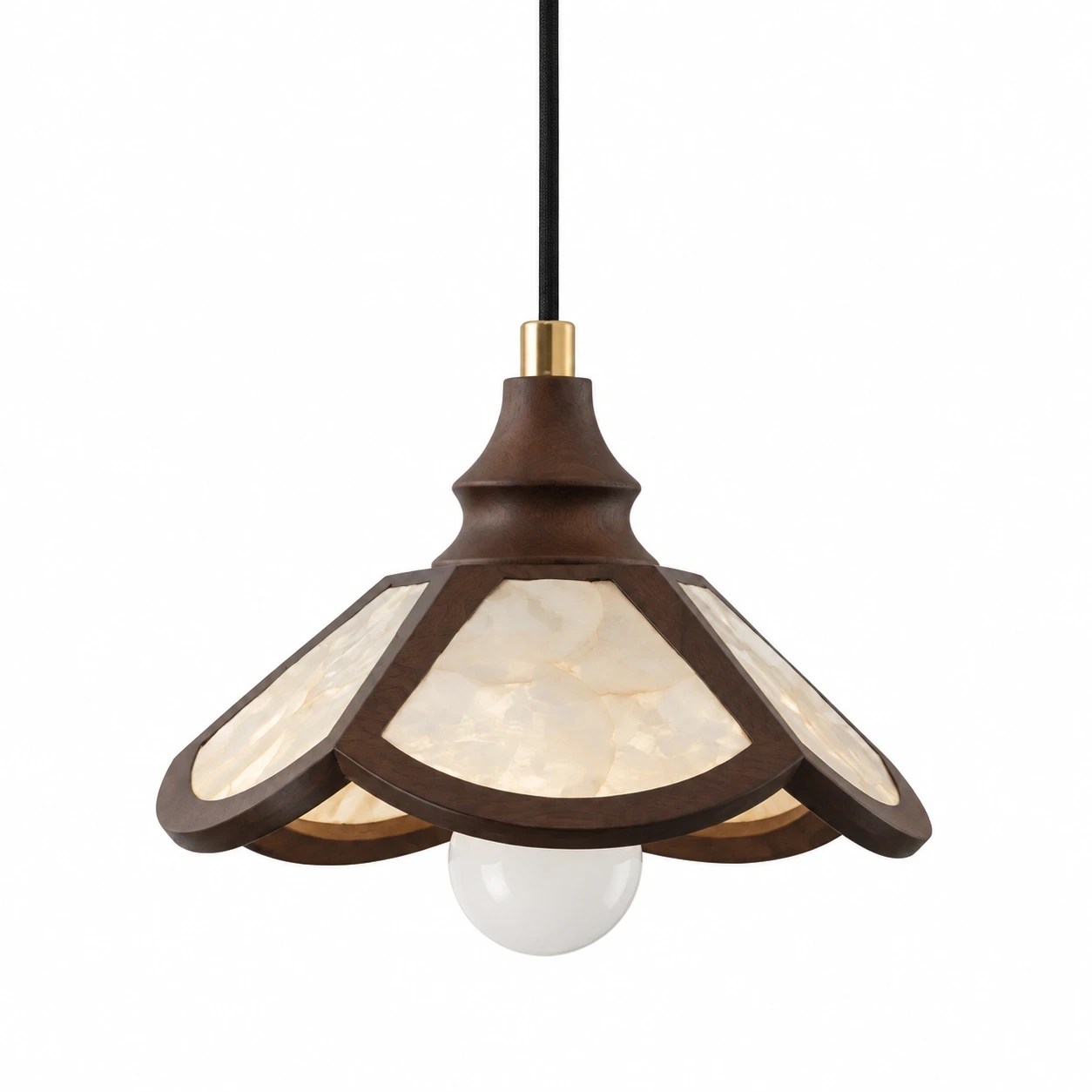 Vintage petaled shell and solid-wood pendant light on white background