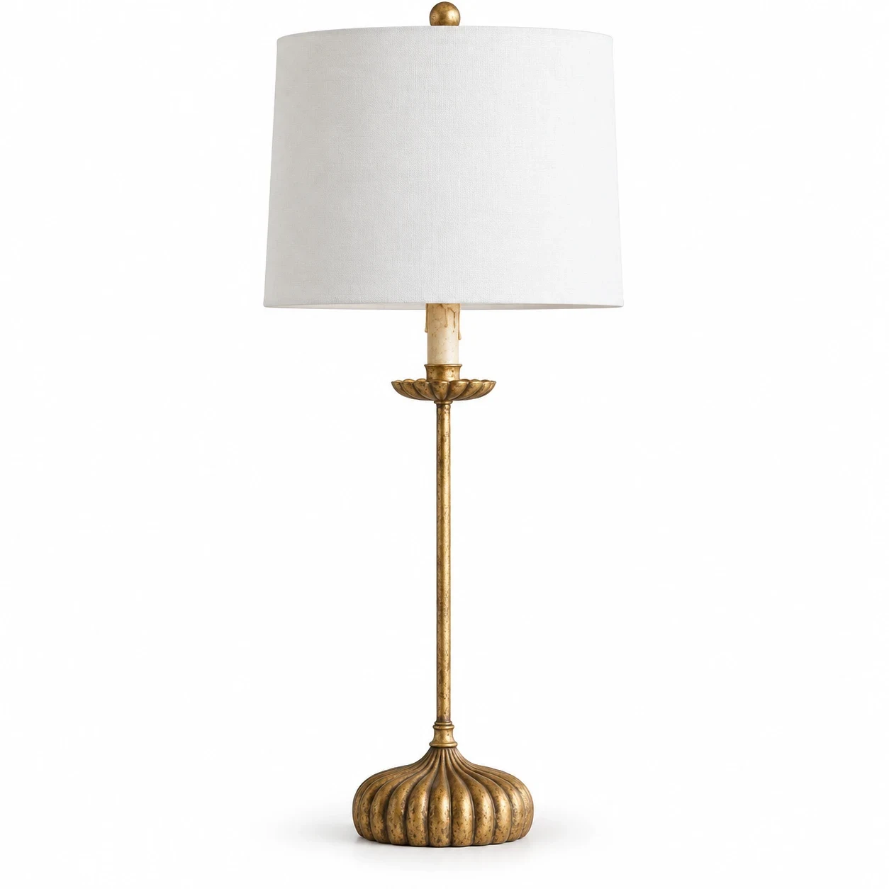 Clove distressed-gold fluted iron table lamp with white fabric shade on white background