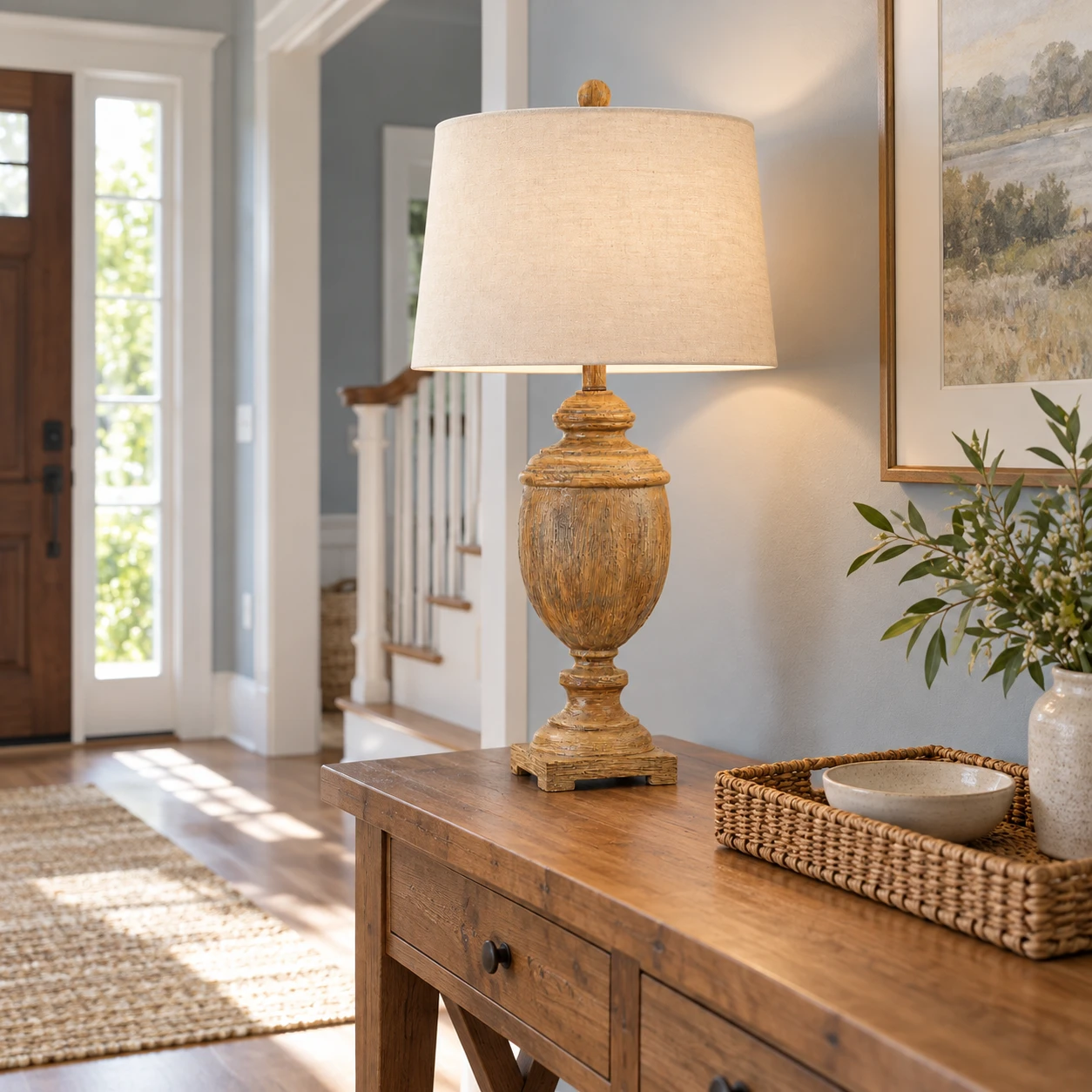 Ellis wood table lamp on an entry console