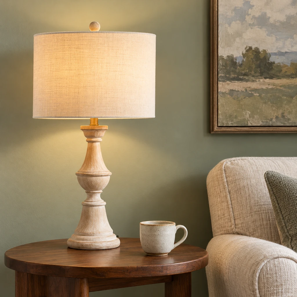 Elena American Vintage Carved Wood and Fabric Table Lamp, Aged Wood, close room setting