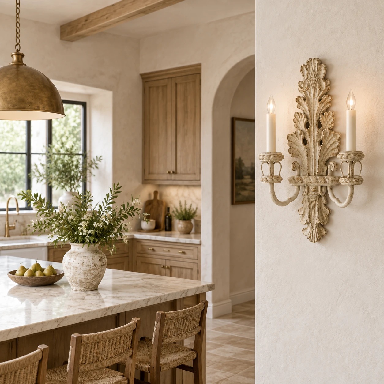 Odette French Candle Wood Wall Sconce in a residential interior