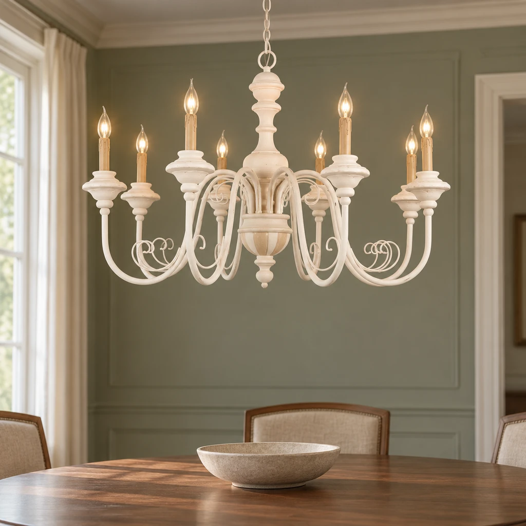 Elise American Vintage Carved Wood Chandelier, Soft White Wood, close room setting