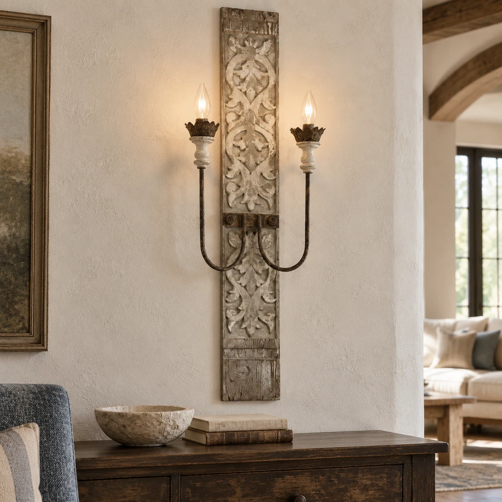 Marielle two-light wood wall sconce above a walnut living-room console