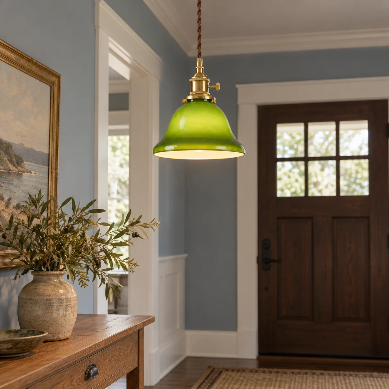 Green glass pendant lamp in a blue-gray entry foyer