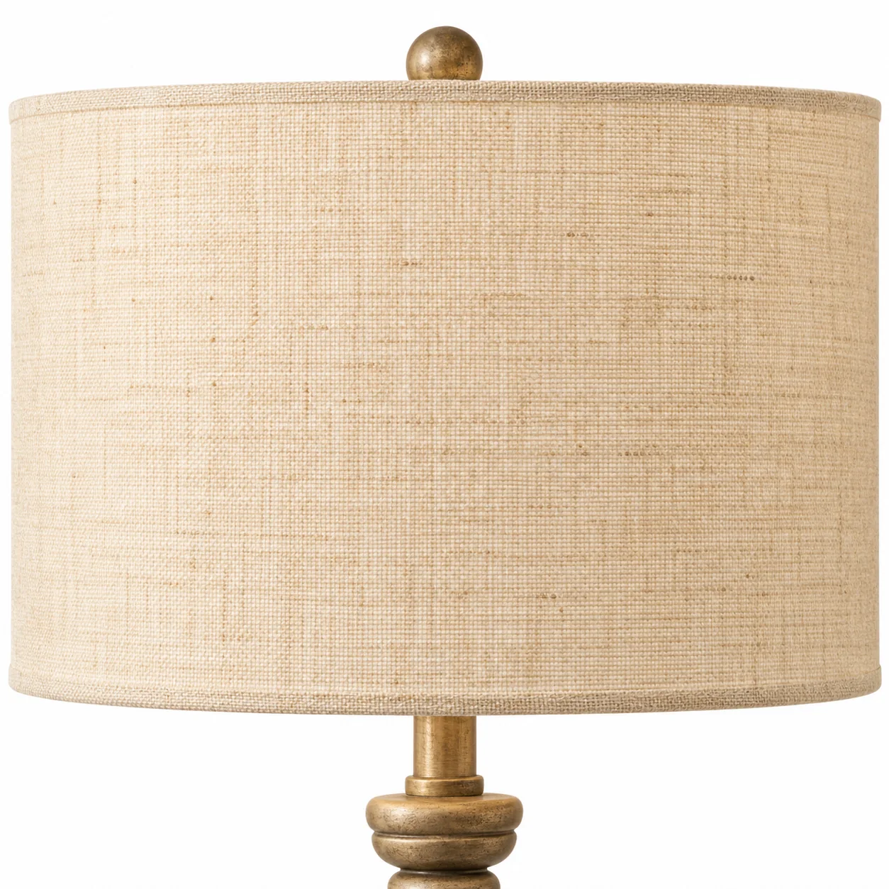 Elara Rustic Turned Wood Iron Floor Lamp — Linen shade and turned wood collar detail