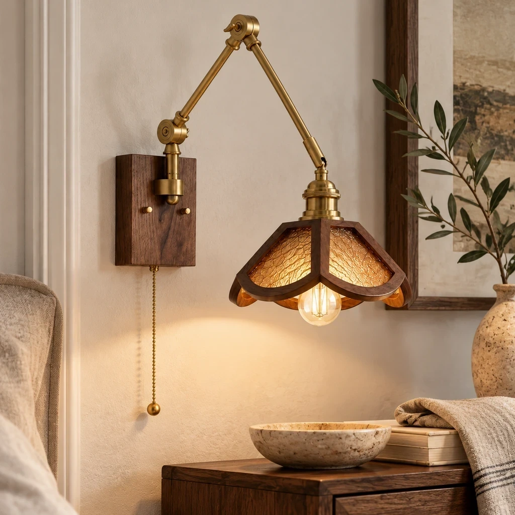 Wushlp Vintage Adjustable Ash-Wood and Copper Wall Light in a guest-room entry