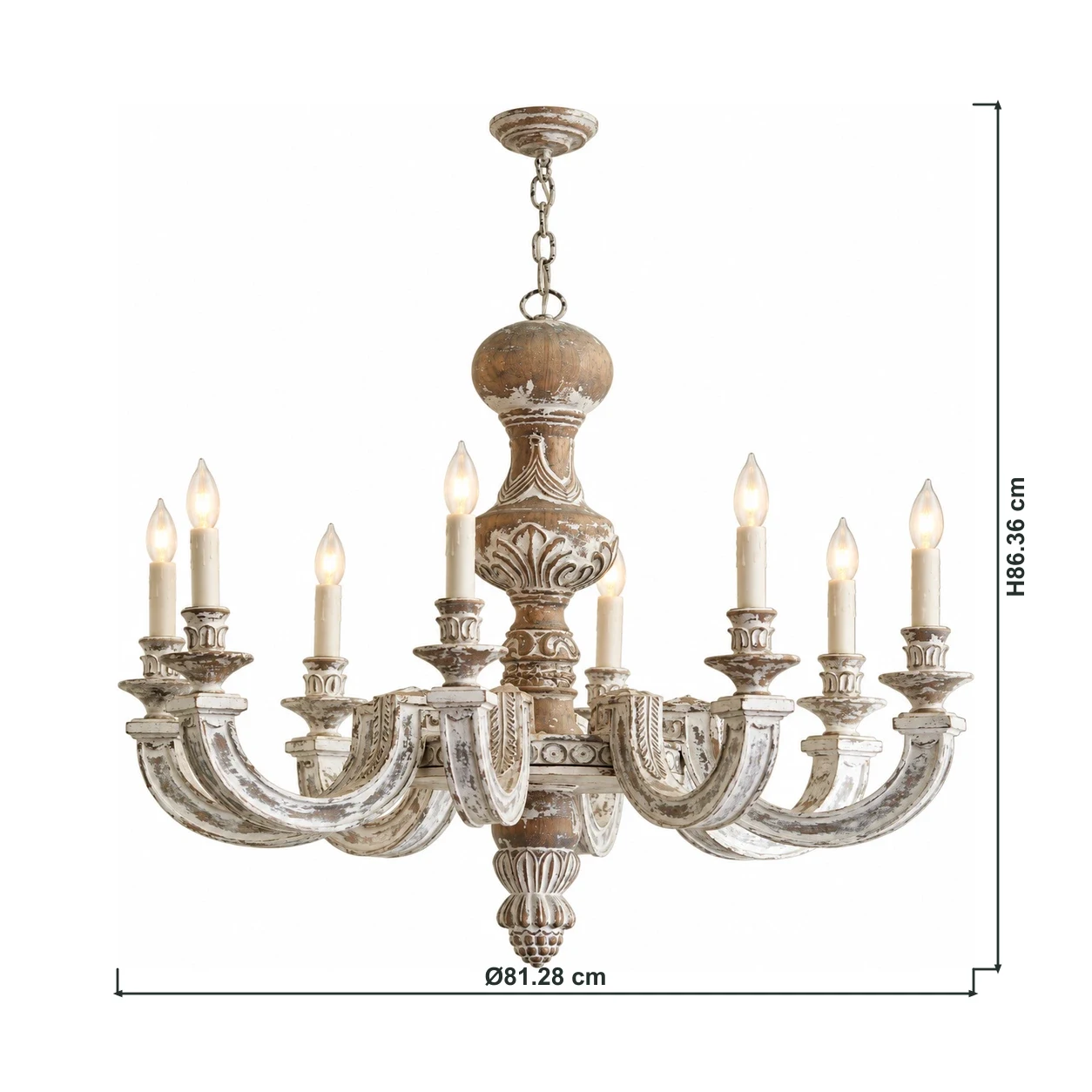 Elowen wood chandelier dimensions Ø81.28 cm by H86.36 cm with outline-connected dimension lines