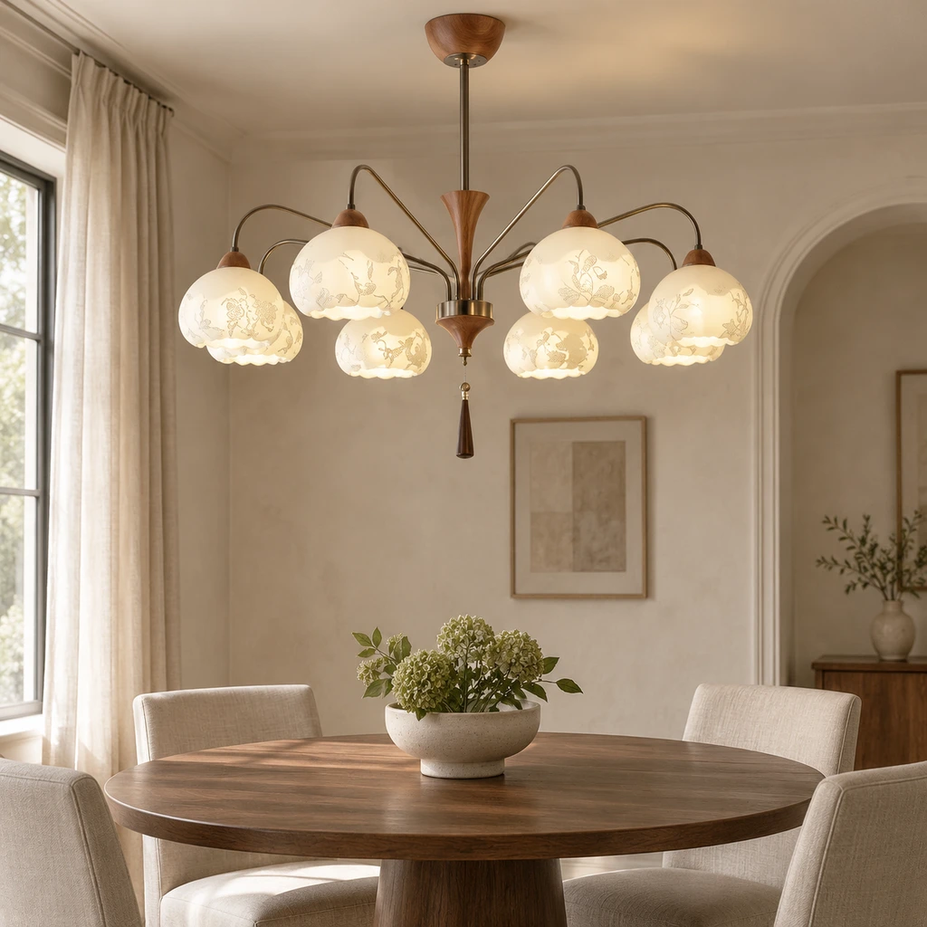 Elowen floral fabric wood chandelier in a dining room