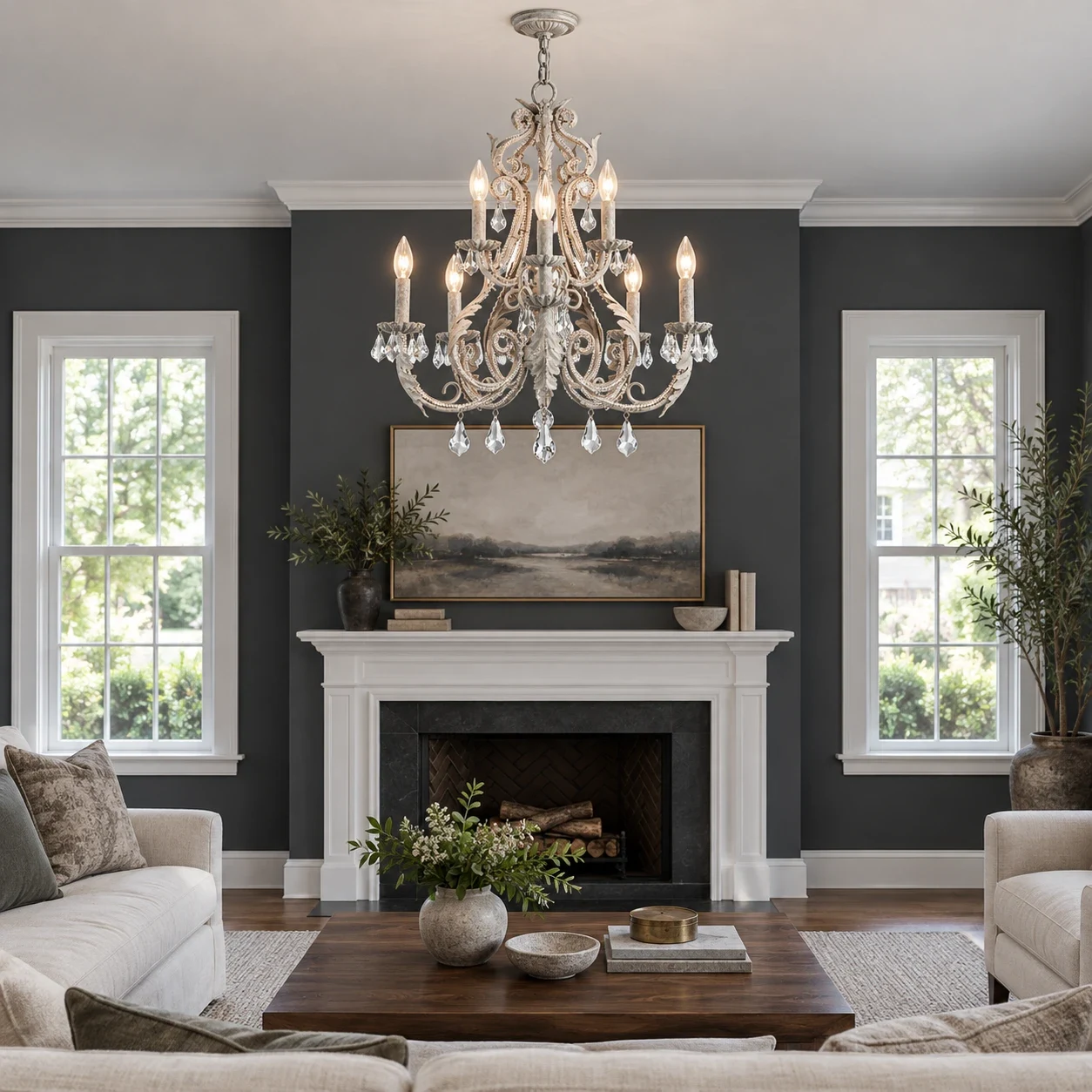 Eight-light gray Camille chandelier in a charcoal American living room