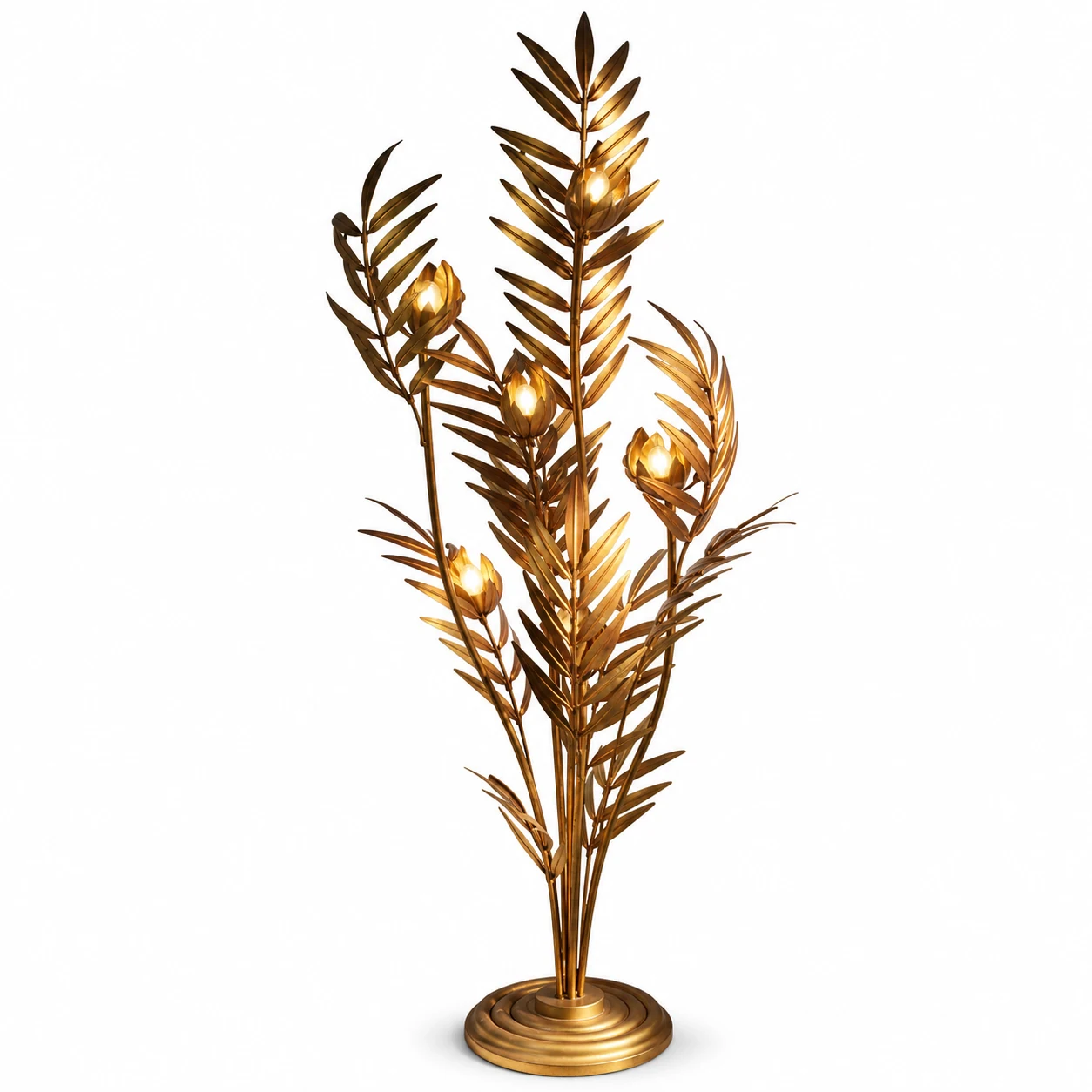 Liora Aged Gold E14 palm leaf iron floor lamp white background