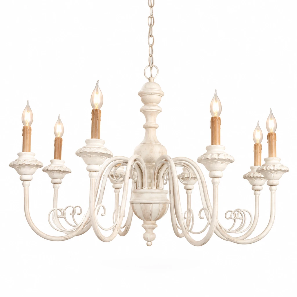Elise American Vintage Carved Wood Chandelier, Soft White Wood, complete product isolated on white