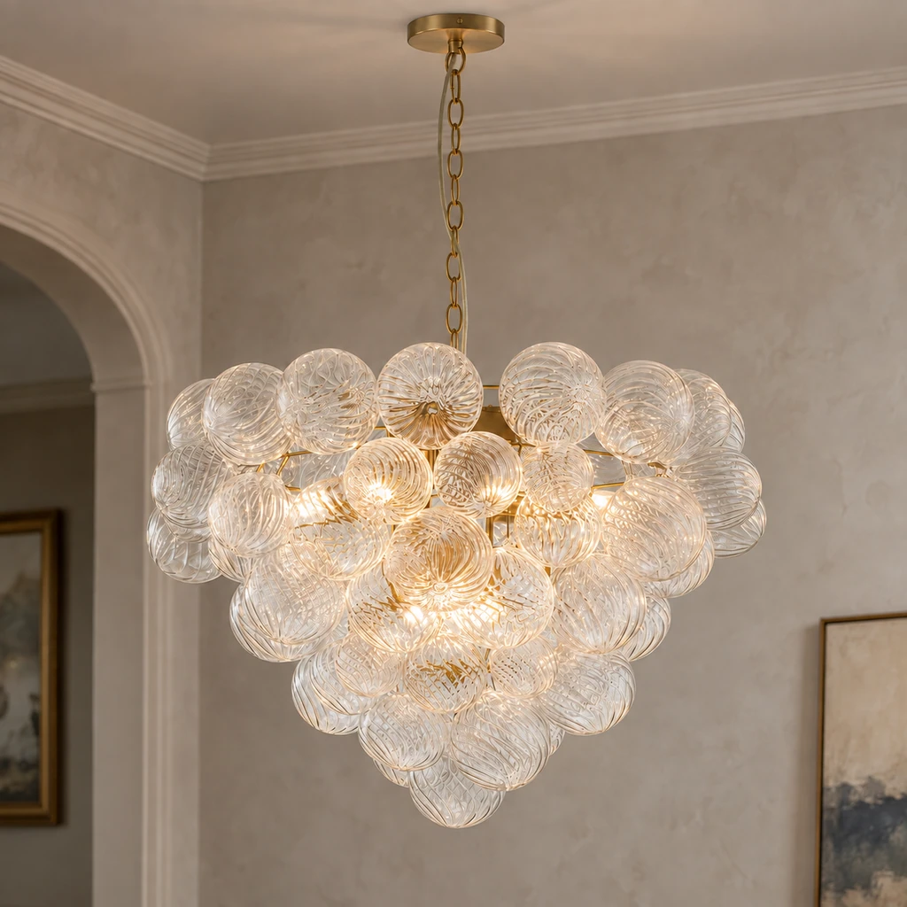 Amelie swirled glass bubble chandelier illuminated against mineral plaster