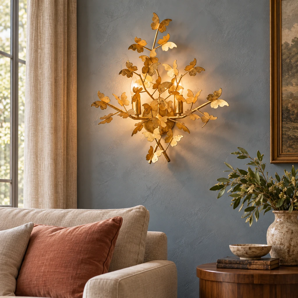 Nora sculpted gold-leaf wall light in a living room
