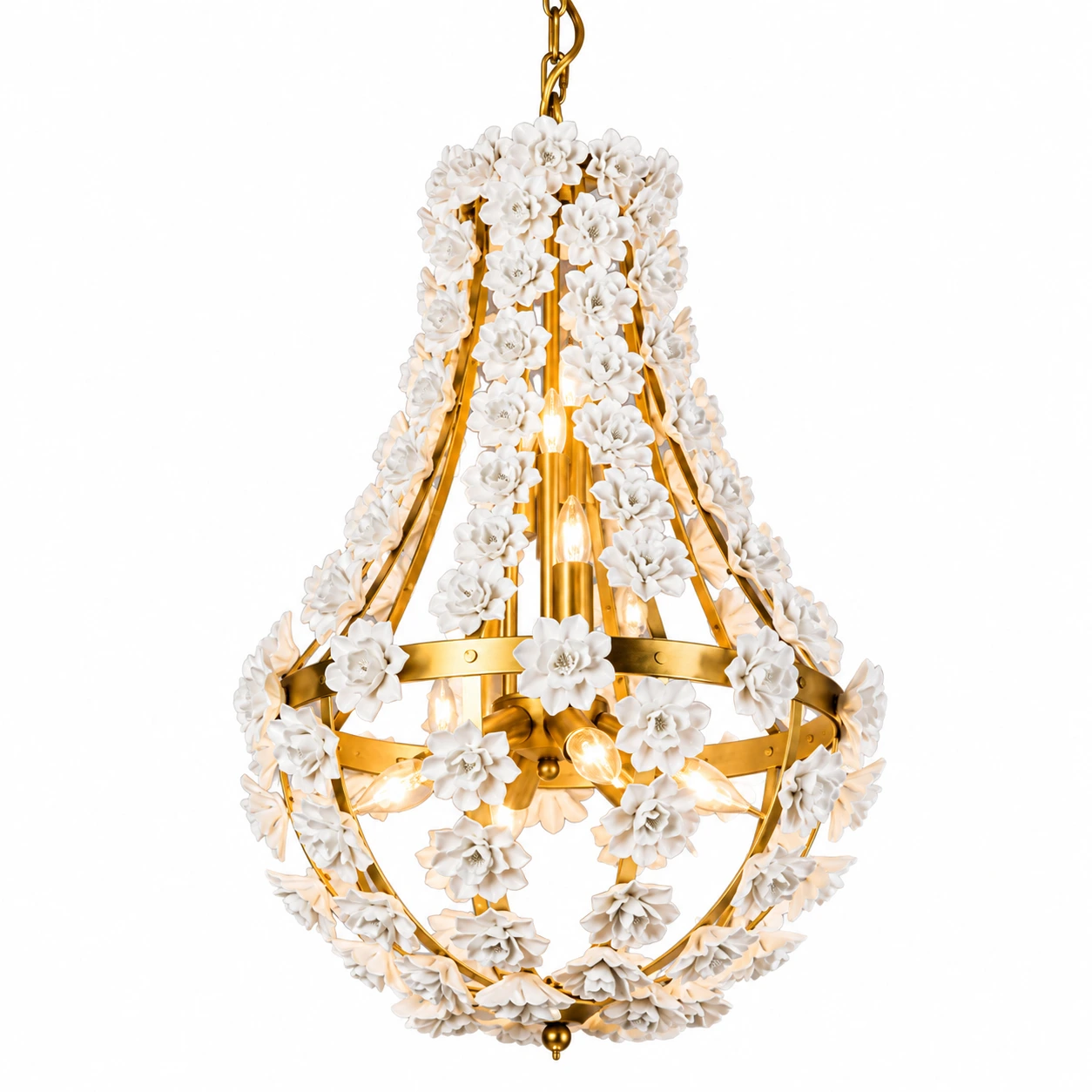 Gold floral teardrop chandelier, diameter 40 cm, on white