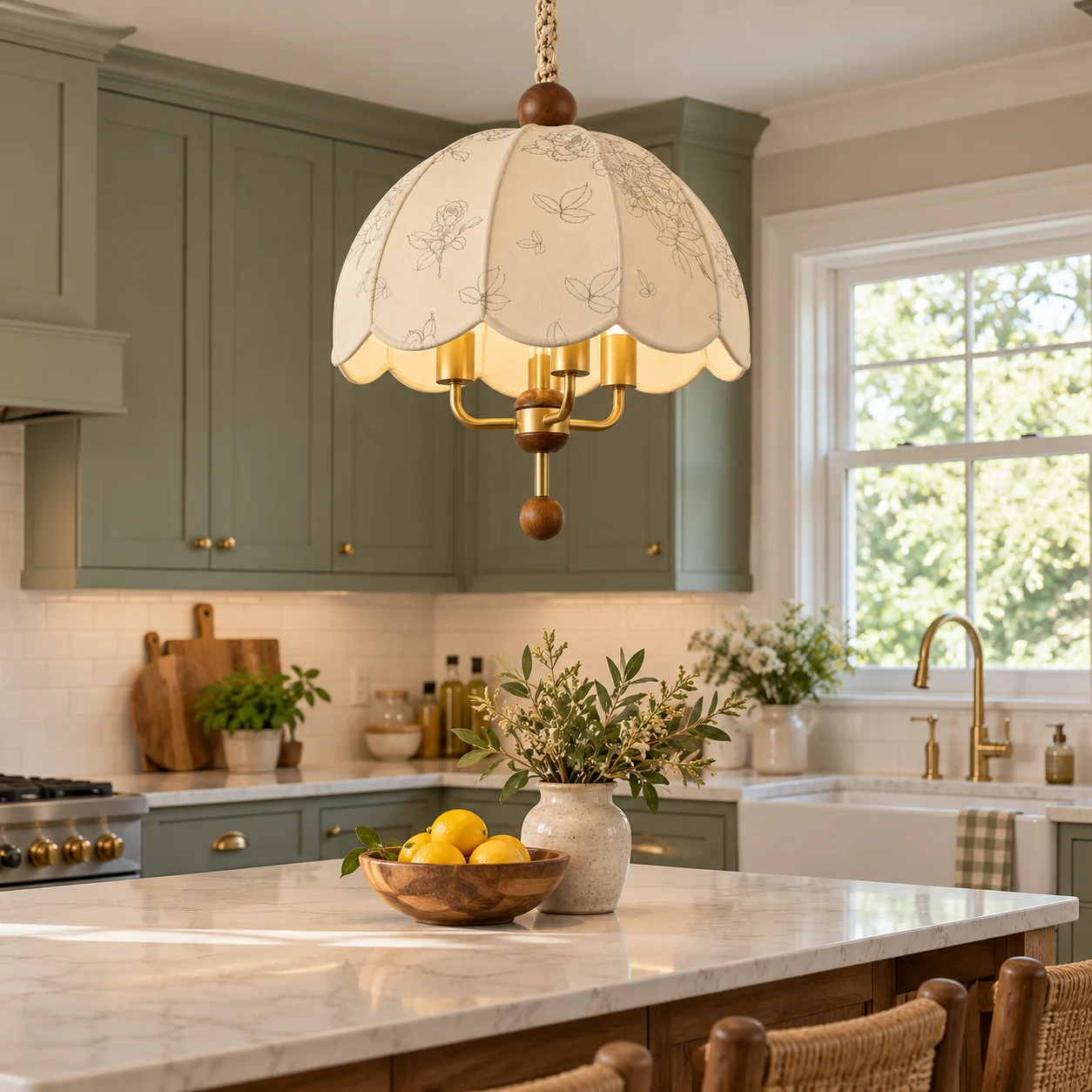 Camille chandelier over a sage shaker kitchen island