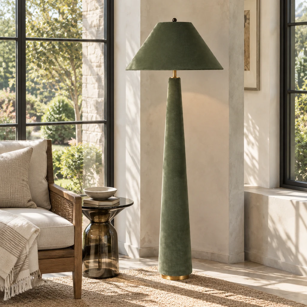 Marlowe oil-green velvet floor lamp in a bright sunroom