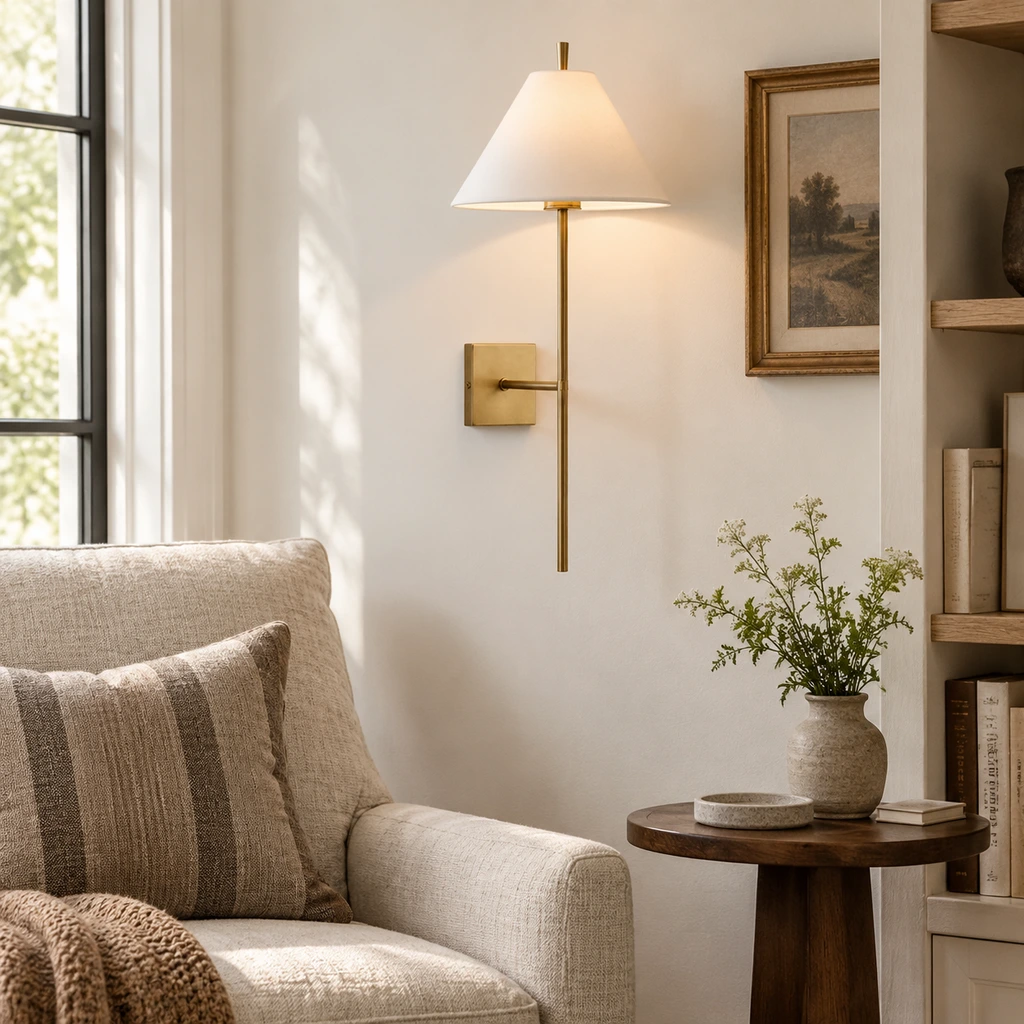 Antique brass Marcel wall sconce in a bright reading corner