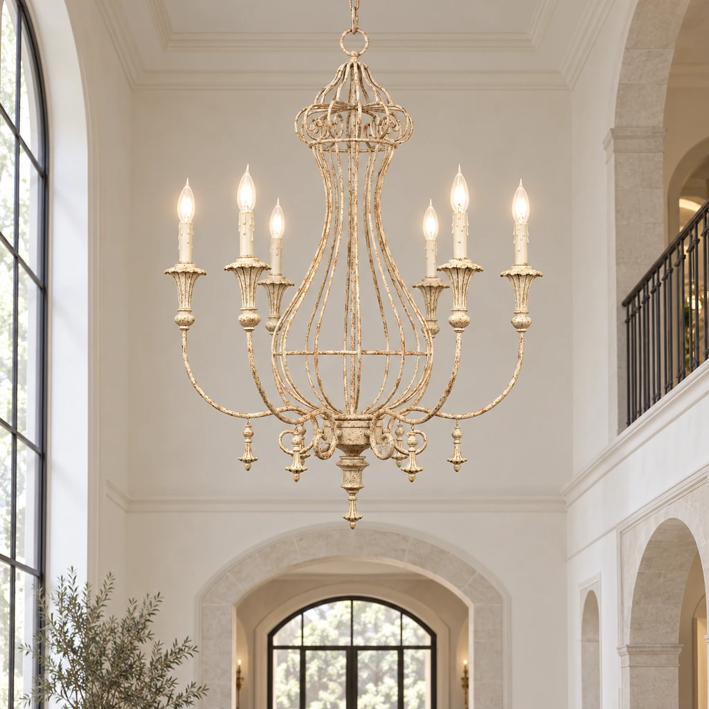 Elowen distressed iron lantern chandelier illuminated in a pale architectural foyer
