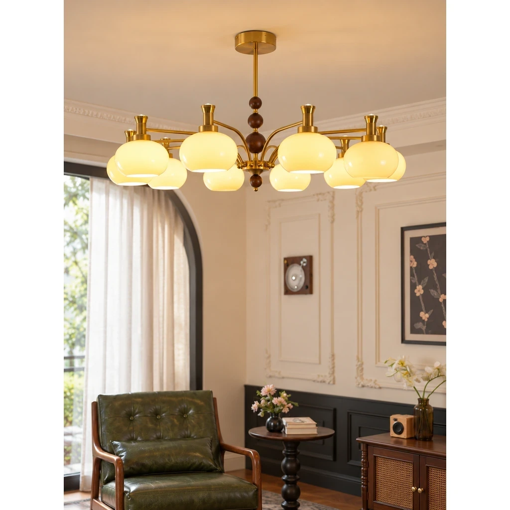 Maeve French Multi-Light Glass Wood Chandelier in a reading setting