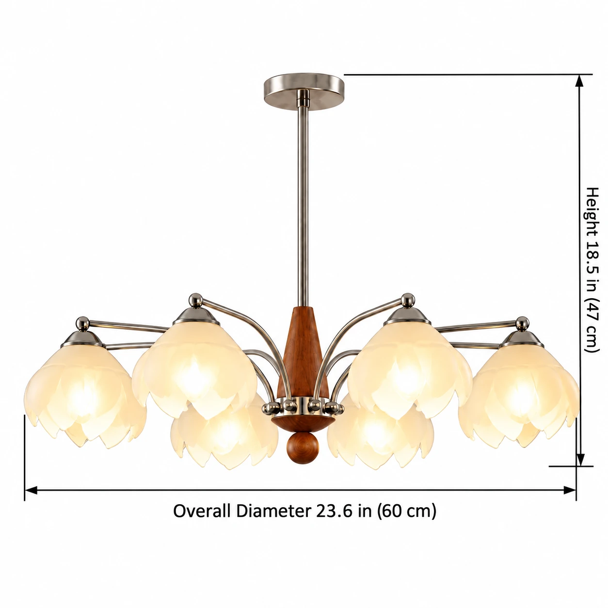 Dimension diagram for 5/6-light overall diameter 23.6 in / 60 cm, height 18.5 in / 47 cm
