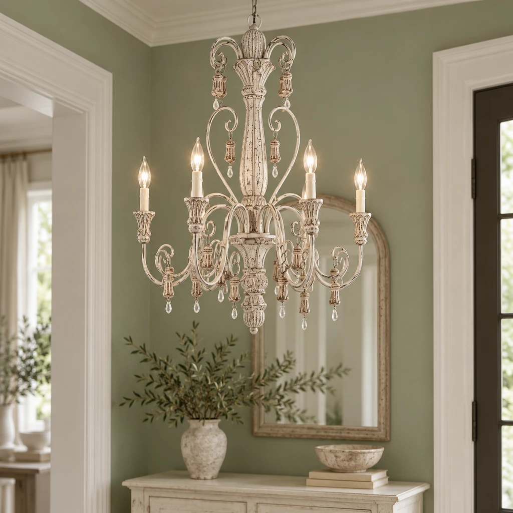 Elowen chandelier in a sage entry