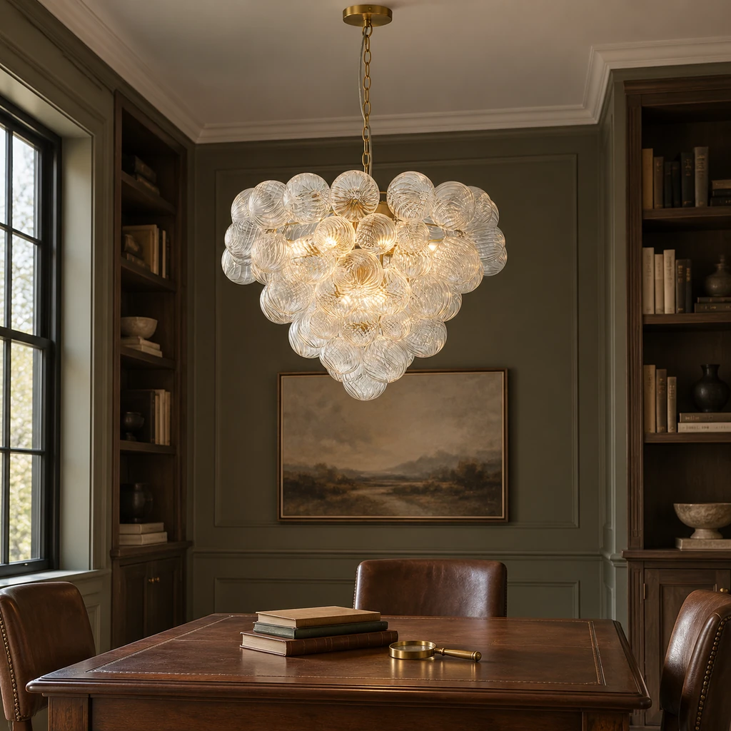 Amelie chandelier above a high-ceiling library table