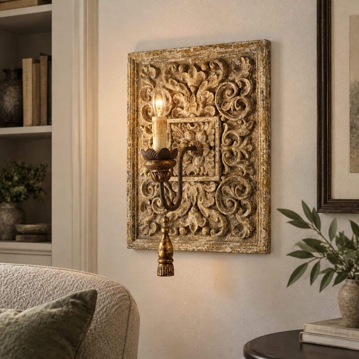 Elena Vintage Carved Wood Wall Sconce — scene